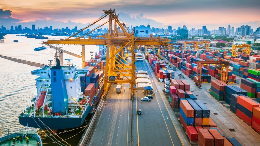 Container ship in the harbor in Asia ,